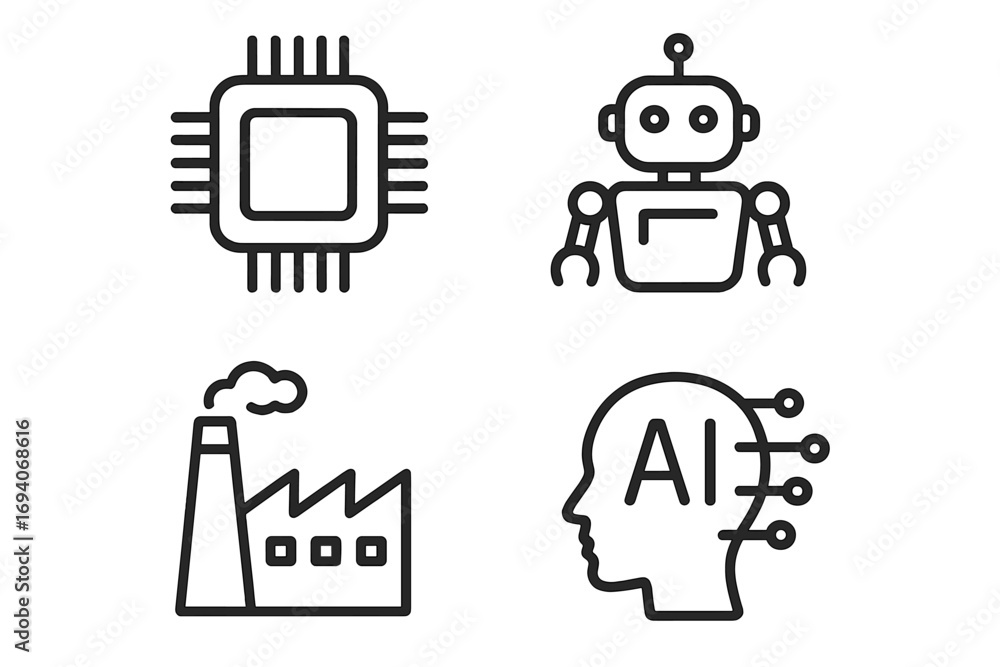 Poster technology line icon set. chip, robot, factory, ai concepts. artificial intelligence, automation, ma