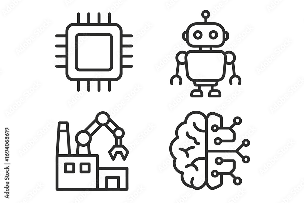 Poster technology line icon set. artificial intelligence, robot, factory automation, cpu chip. future tech 