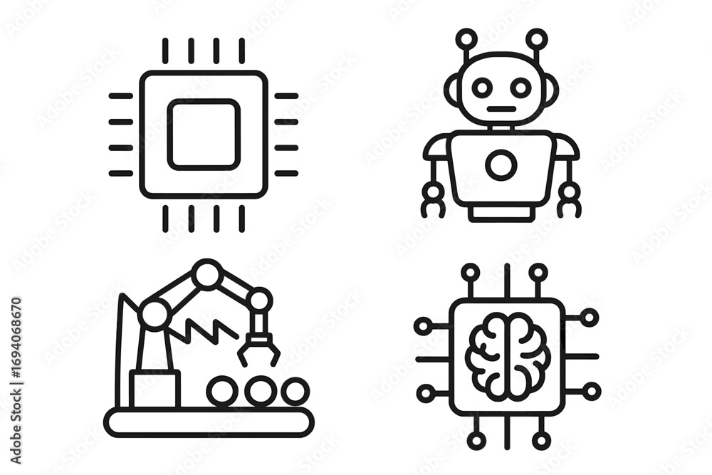 Poster technology line icon set. artificial intelligence, robot, factory automation. cpu microchip, process