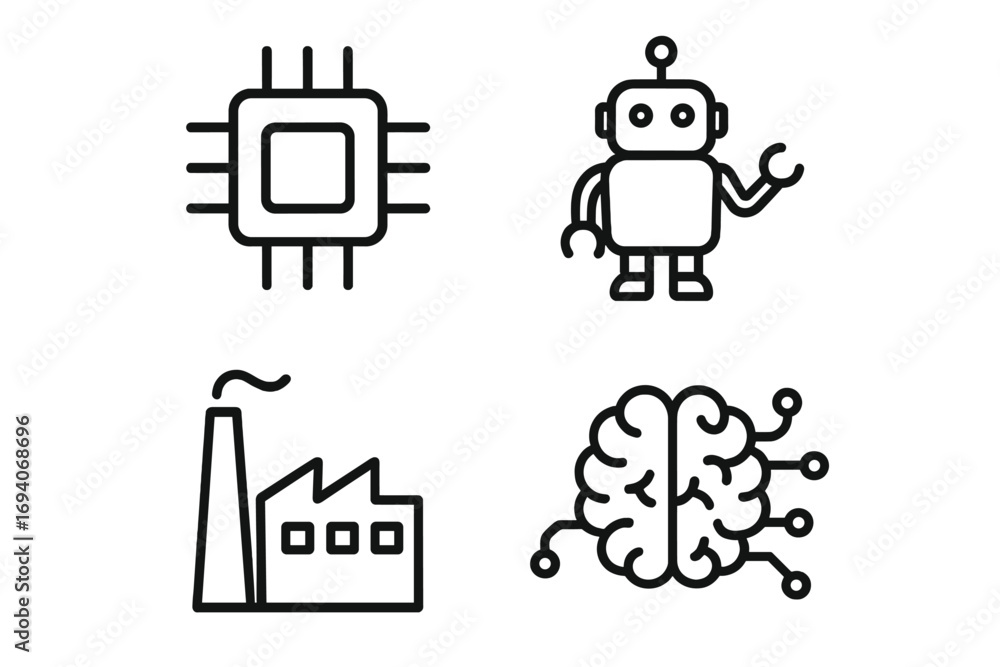 Poster technology & industry line icon pack. ai, processor chip, robot, factory symbols. artificial intelli