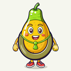 Cartoon pear character looks funny while floating with swimming tires