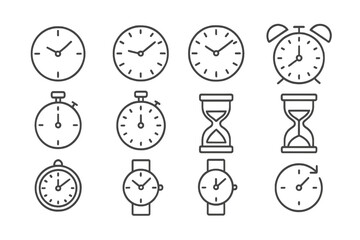 Time and clock line icon set. Watch, hourglass, stopwatch, alarm concepts. Outline timer and sandglass pictograms. Vector symbols for web UI. Editable stroke illustration.