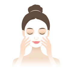 Beautiful young woman applying facial sheet mask for skincare, hydration and relaxation. Vector illustration for beauty, spa, cosmetics, skincare treatment, self care and wellness concept.