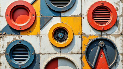 Abstract industrial wall of colorful mechanical vents