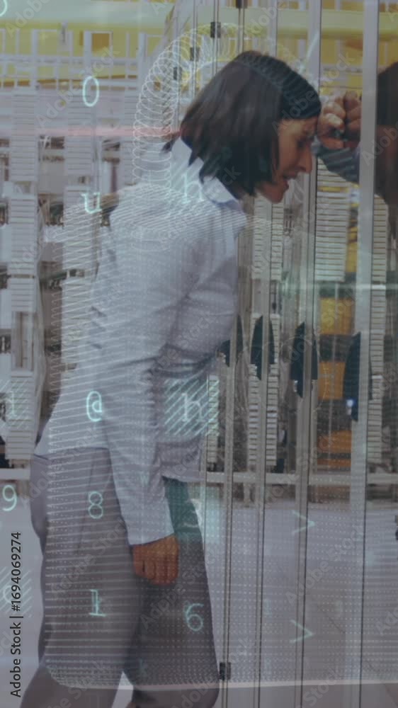 Poster animation of data processing over female worker in server room