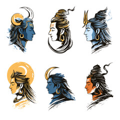Illustrative Shiva symbols, isolated on white background, side view, set of six.

