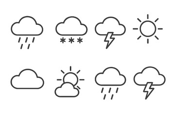 Weather forecast line icon set. Simple outline pictograms for web and mobile apps. Sun, cloud, rain, snow, thunderstorm, and storm symbols. Minimal vector illustration bundle.