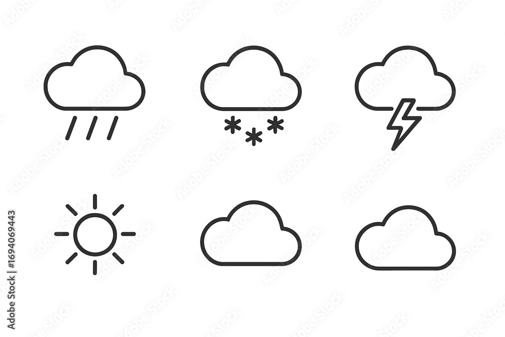 Poster weather forecast line icon set. simple outline pictograms. sun, rain, snow, thunderstorm, cloud symb