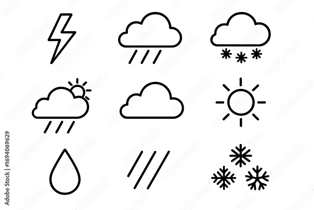Poster weather line icon set. minimalist outline symbols for forecast apps and web design. vector collectio