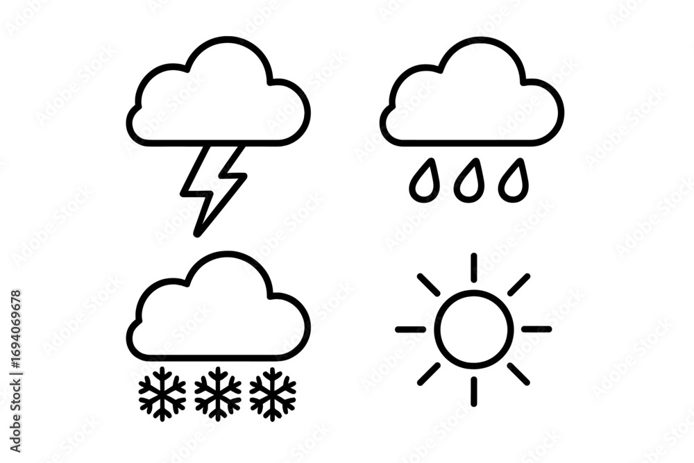 Poster weather thin line icon set. forecast outline symbols for ui ux. sun, rain, snow, storm signs. simple