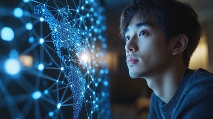 Focused Young Man Studies Global Network on Screen at Night