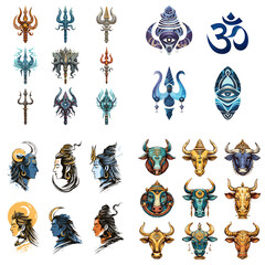 Shiva symbols illustration set with tridents, portraits and bull heads, isolated on white background.

