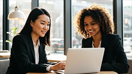 Two diverse businesswomen collaborating on a laptop in a bright modern cafe - Powered by Adobe