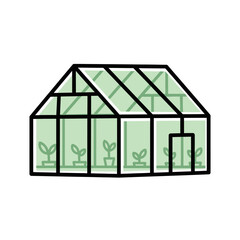 Simple illustration of a greenhouse with small plants inside.