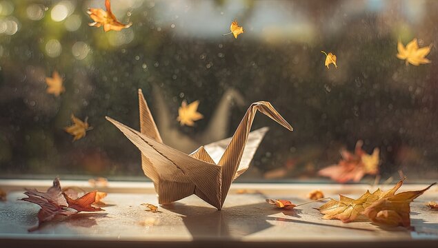 Origami crane amidst autumn leaves (1)