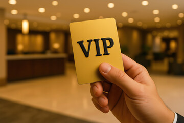 Hand holding luxury gold VIP card in elegant hotel lobby exclusive membership premium service access concept