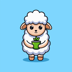 Cute sheep happily holds fresh grass inside a cup of coffee