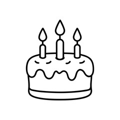 Outlined cake with three lit candles on it on transparent background
