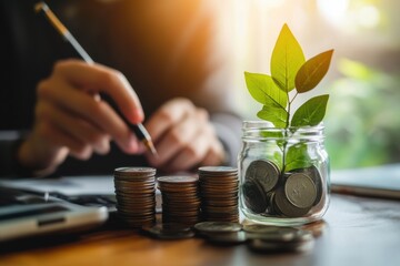 Investor actively managing online investments in a startup with coins and plant