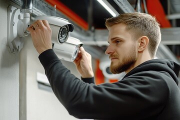 Security specialist installs surveillance equipment in modern facility
