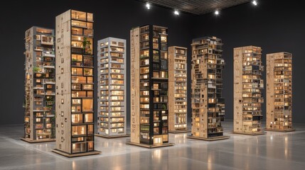Illuminated architectural models of tall buildings.