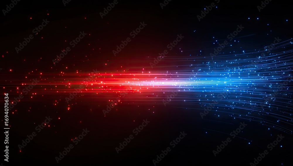 Poster a dynamic abstract design featuring a vibrant red and blue light display against a dark backdrop.