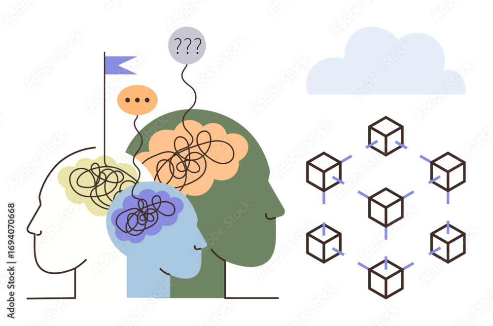 Poster human heads with tangled lines, speech bubbles, and a flag combined with interconnected cubes and a 