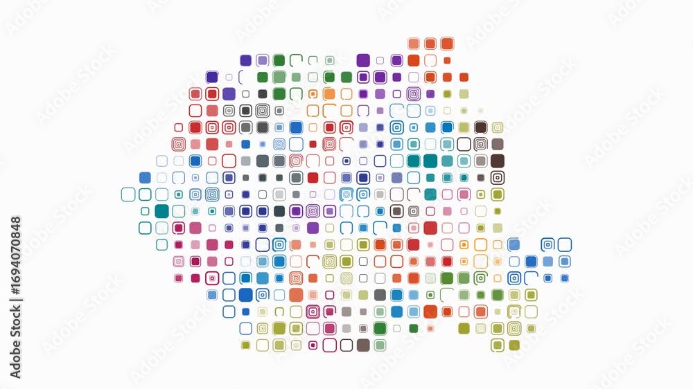 Aufkleber romania animation. shape of the country with pulsating colored dots. large size rounded square block
