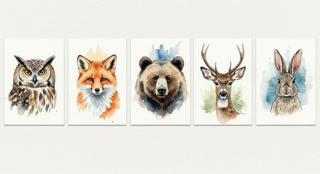 Five watercolor animal portraits an owl fox bear deer and rabbit arranged in a row on white backgrounds