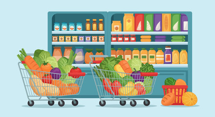 Two shopping carts overflowing with fresh produce and groceries sit before well-stocked supermarket shelves.