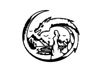 Fantasy composition with dragon, girl in long dress and mountain landscape, black and white, engraving style