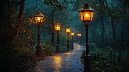 Foggy park path at dusk with antique lanterns
