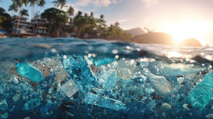 Obraz premium Plastic pollution in the ocean, near a tropical beach.