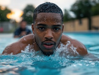 Young African American man swimming in peaceful backyard pool