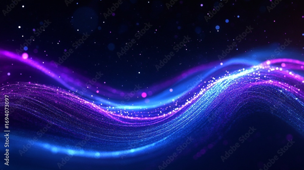 Poster dynamic abstract data stream with blue and purple light lines on a dark backdrop in modern design