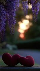 Two crimson hearts rest on a wooden railing, bathed in the warm glow of a sunset behind a vibrant display of purple wisteria.