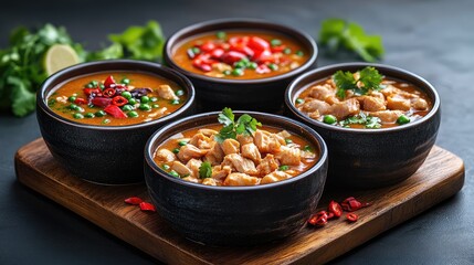 Four bowls of flavorful chicken soup, various textures and spices, on a wooden board, dark background