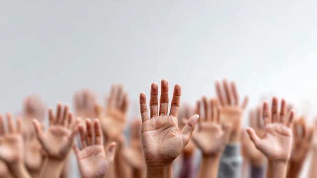 Raised hands silhouetted against white background, representing unified protest challenging immigration enforcement and advocating for human rights