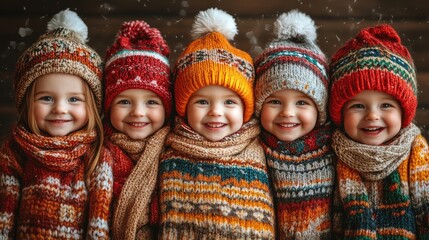 Four children in winter hats and scarves, smiling, indoors on wooden background with snow
