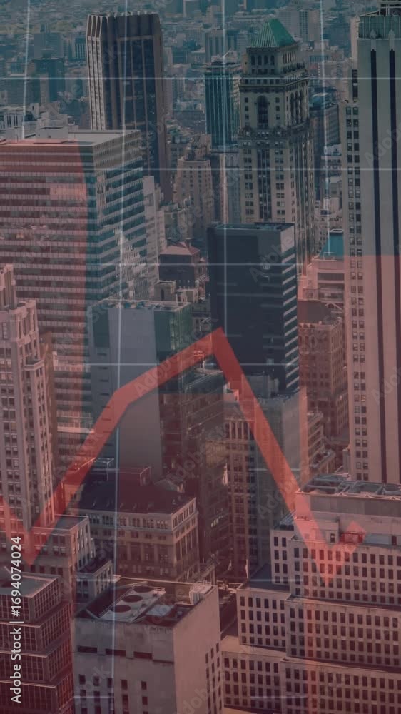 Poster animation of financial data processing with red lines over cityscape