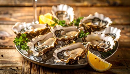 Fresh oysters on ice with lemon