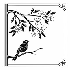 Bird and blooming branch within decorative frame flowers