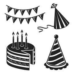 Birthday party elements cake candles hats bunting celebration