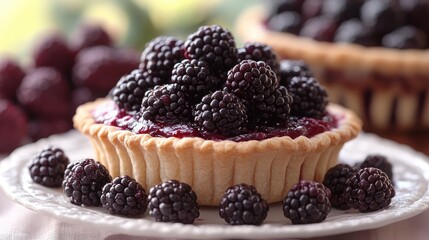 Fresh blackberry tarts on a plate, surrounded by blackberries, in a garden setting