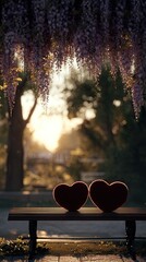 Two heart-shaped cushions rest on a park bench beneath a canopy of wisteria blossoms at sunset, evoking a tranquil and romantic atmosphere.