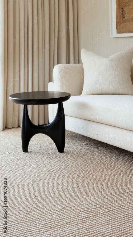 Poster a black round side table with a plant sits elegantly in front of a soft gray sofa on a beige carpet 