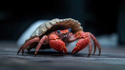A striking portrait of a vibrant red hermit crab nestled securely in its shell refuge