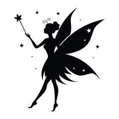 Enchanting silhouette of a fairy with delicate wings holding a sparkling wand amidst twinkling stars and magical dust