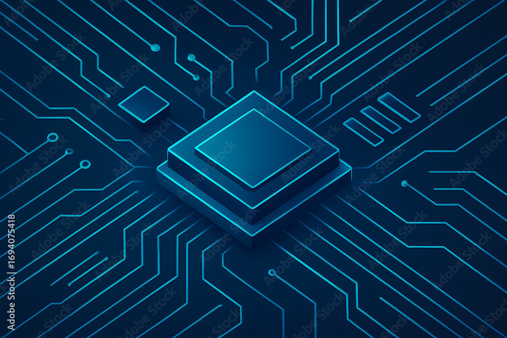 Aufkleber a simple composition of a central processing unit on a circuit board, symbolizing futuristic data fl