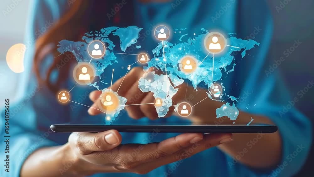 Poster global network connection concept showcasing digital interaction via tablet display
